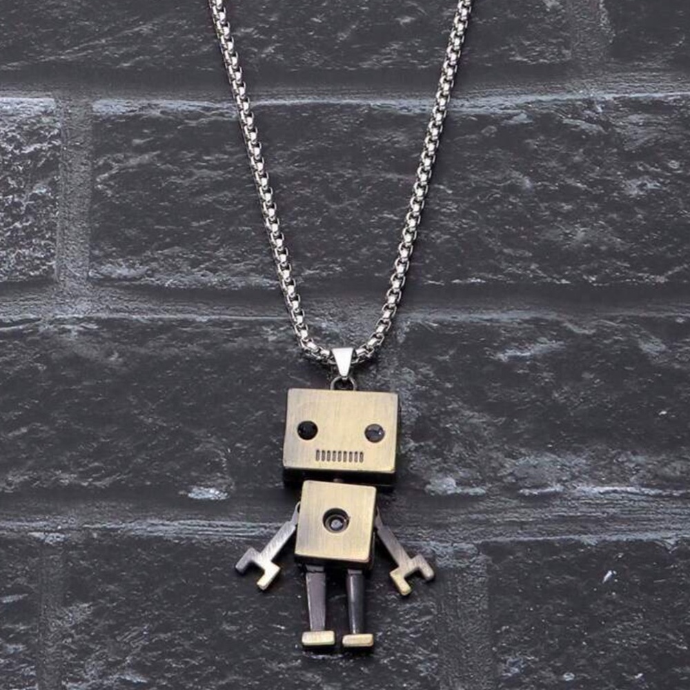 New Metal Robot 2 Sided Smaller Version Pendant Necklace, Stainless Steel - Picture 3 of 16